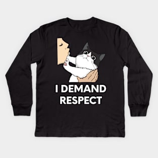 Black and White Cat, I Demand Respect Funny Design Kids Long Sleeve T-Shirt